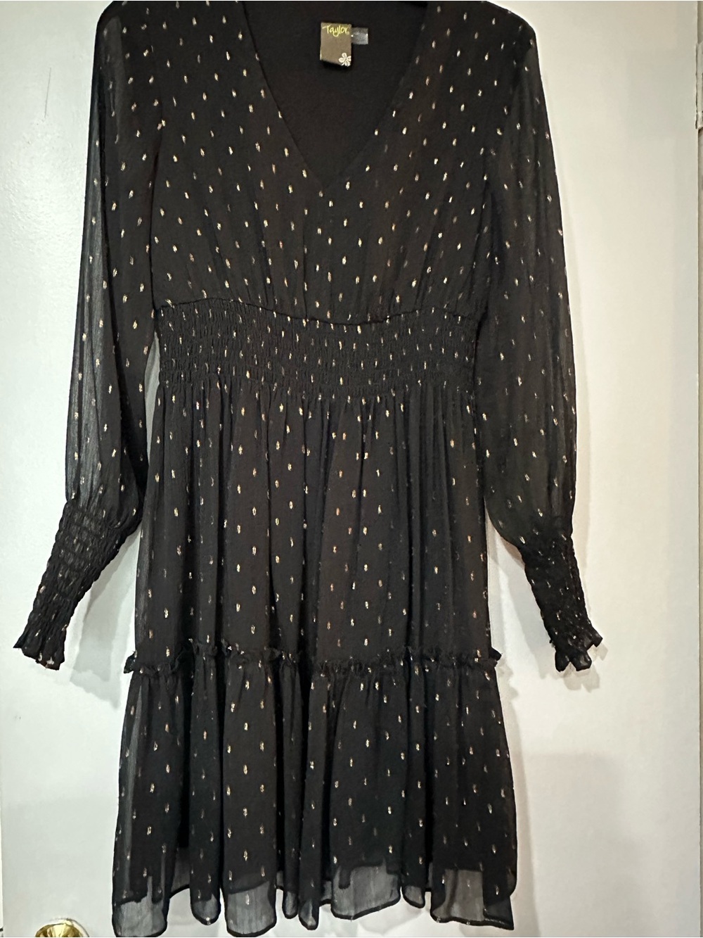 Taylor Black Long-Sleeve V-Neck Dress with Gold Dot Accents